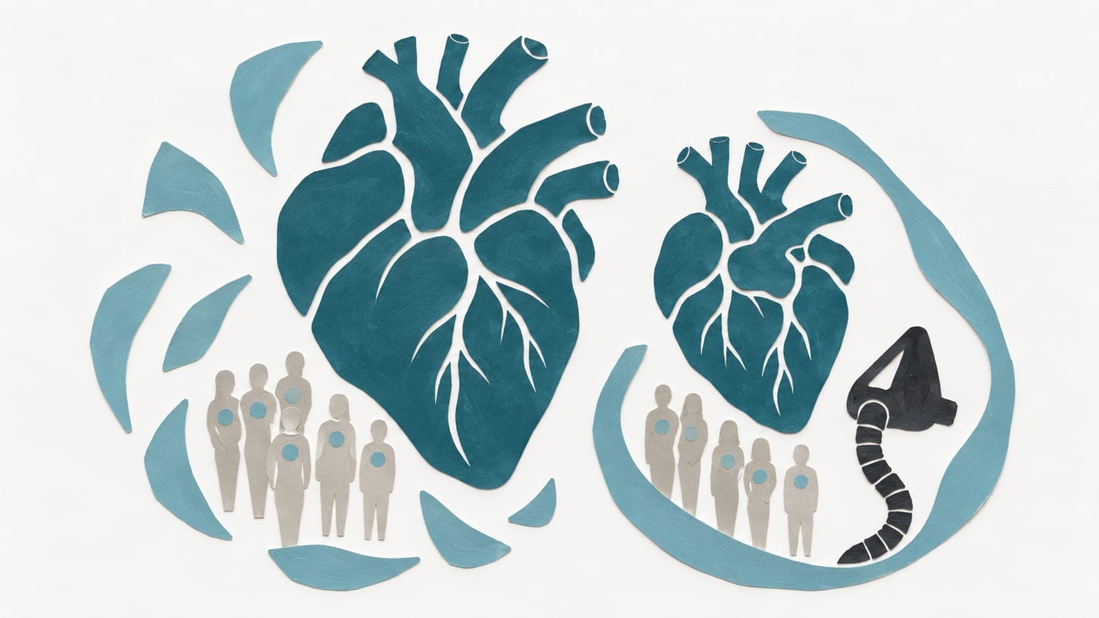 Human hearts above groups wearing chest electrodes, with fragmented surrounding shapes on one side and a continuous curve and breathing mask on the other.