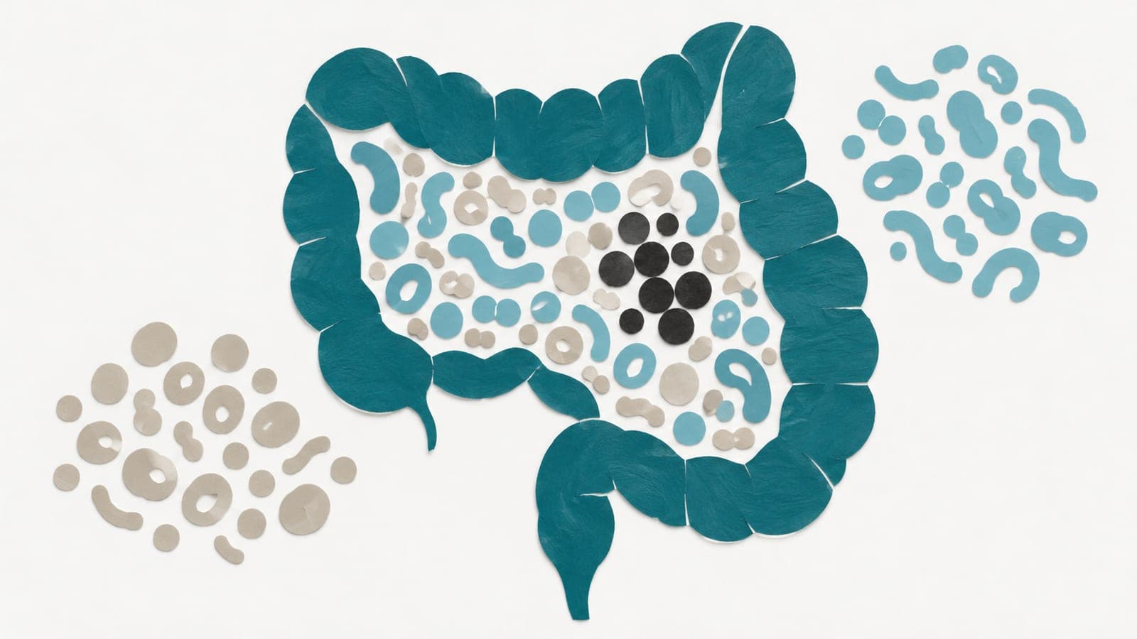 A cutaway colon holds varied microbes and a dense dark cluster, beside separate communities dominated by round or curved cells.
