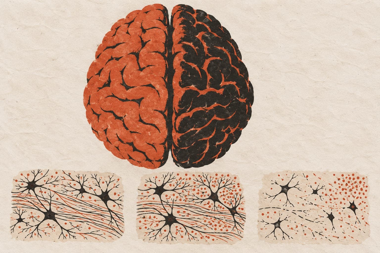 A human brain above tissue patches with intact or fragmented fibres, branching or pruned neurons, and sparse or dense clusters of dots.