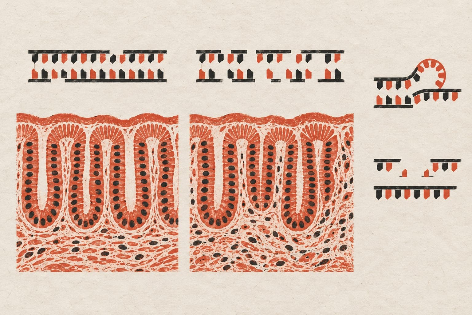 Colon crypts sit beneath DNA strands with sparse versus frequent gaps, beside slipped strands and broken ends joined into a shorter strand.