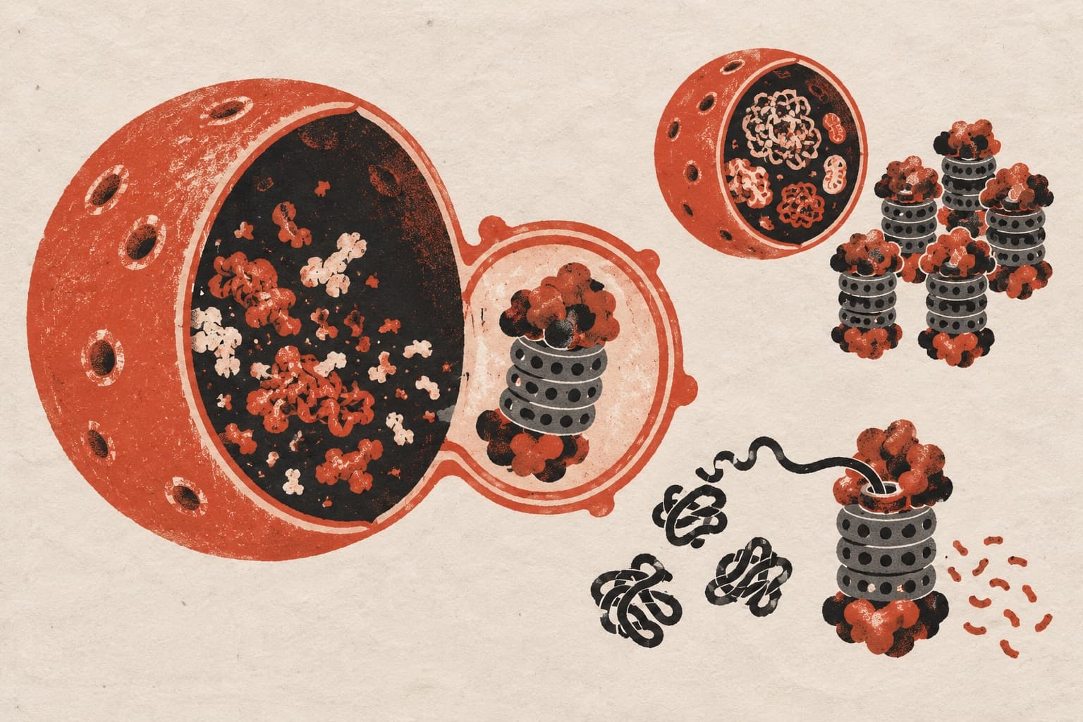 Cutaway perforated spheres filled with particles appear beside barrel-shaped proteasomes, one unravelling knotted proteins into tiny fragments.