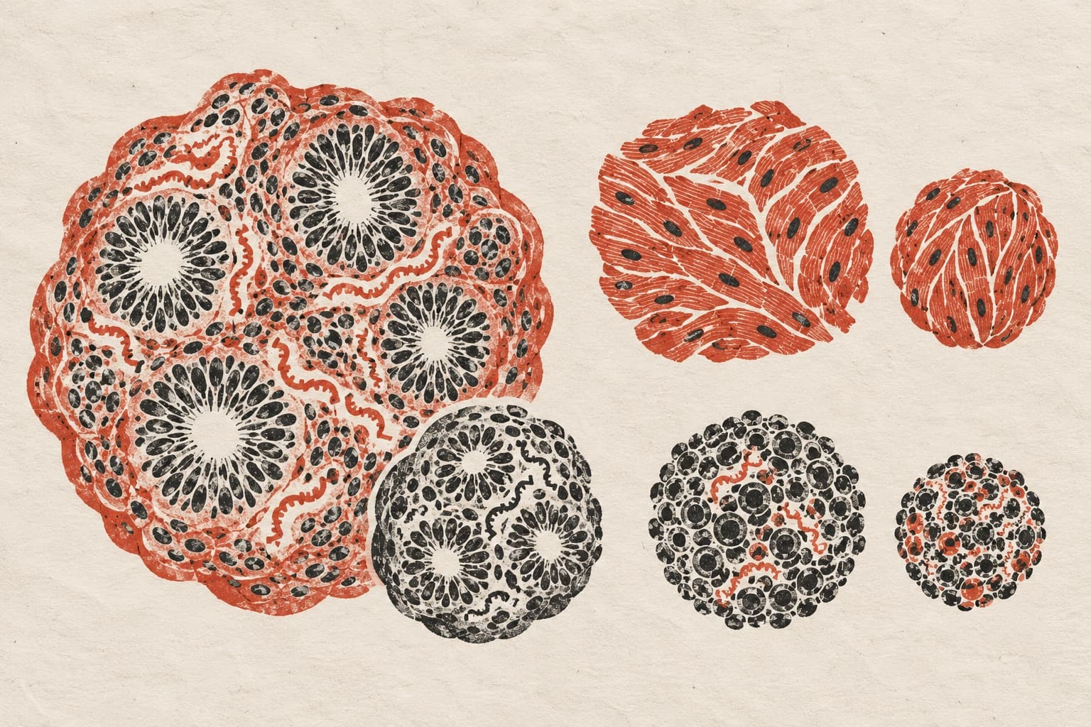 Spherical human organoids of varying sizes, displaying internal patterns of rosette-like lumens, striated muscle fibres, and dense cellular clusters.