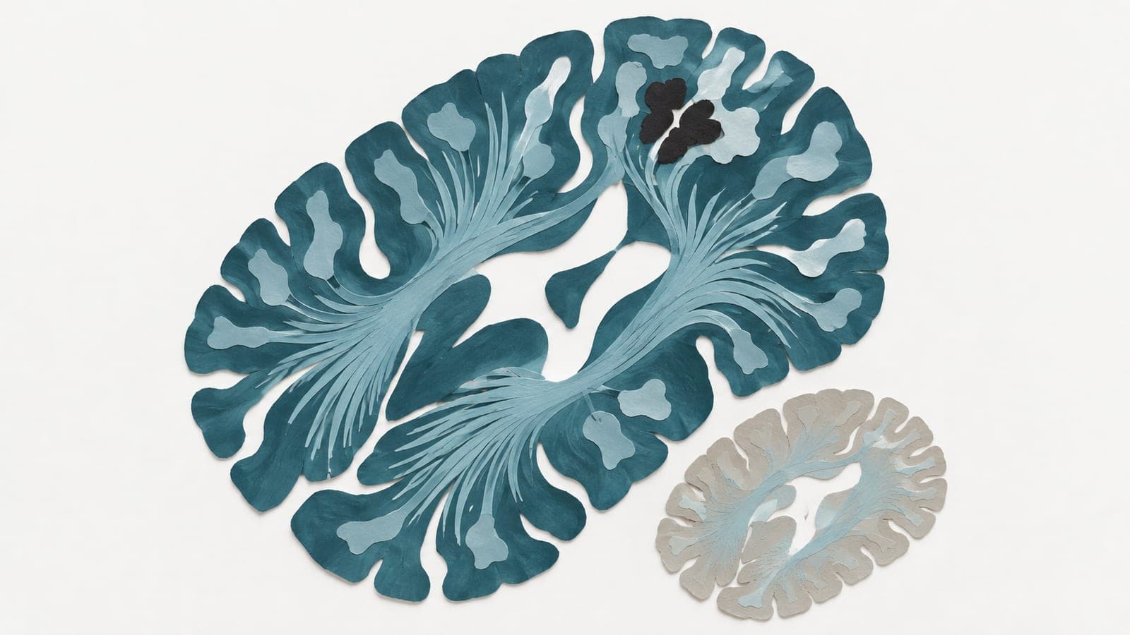 Brain cross-sections show gathered fibers and scattered activity patches in dark blue-green tissue beside less distinct fiber groupings in gray tissue.