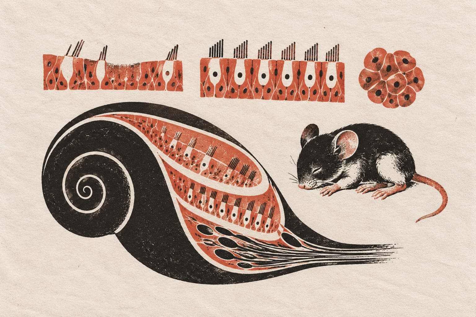 A spiral cochlea beside a laboratory mouse, beneath tissue strips with sparse and fuller rows of hair cells and a cluster of supporting cells.