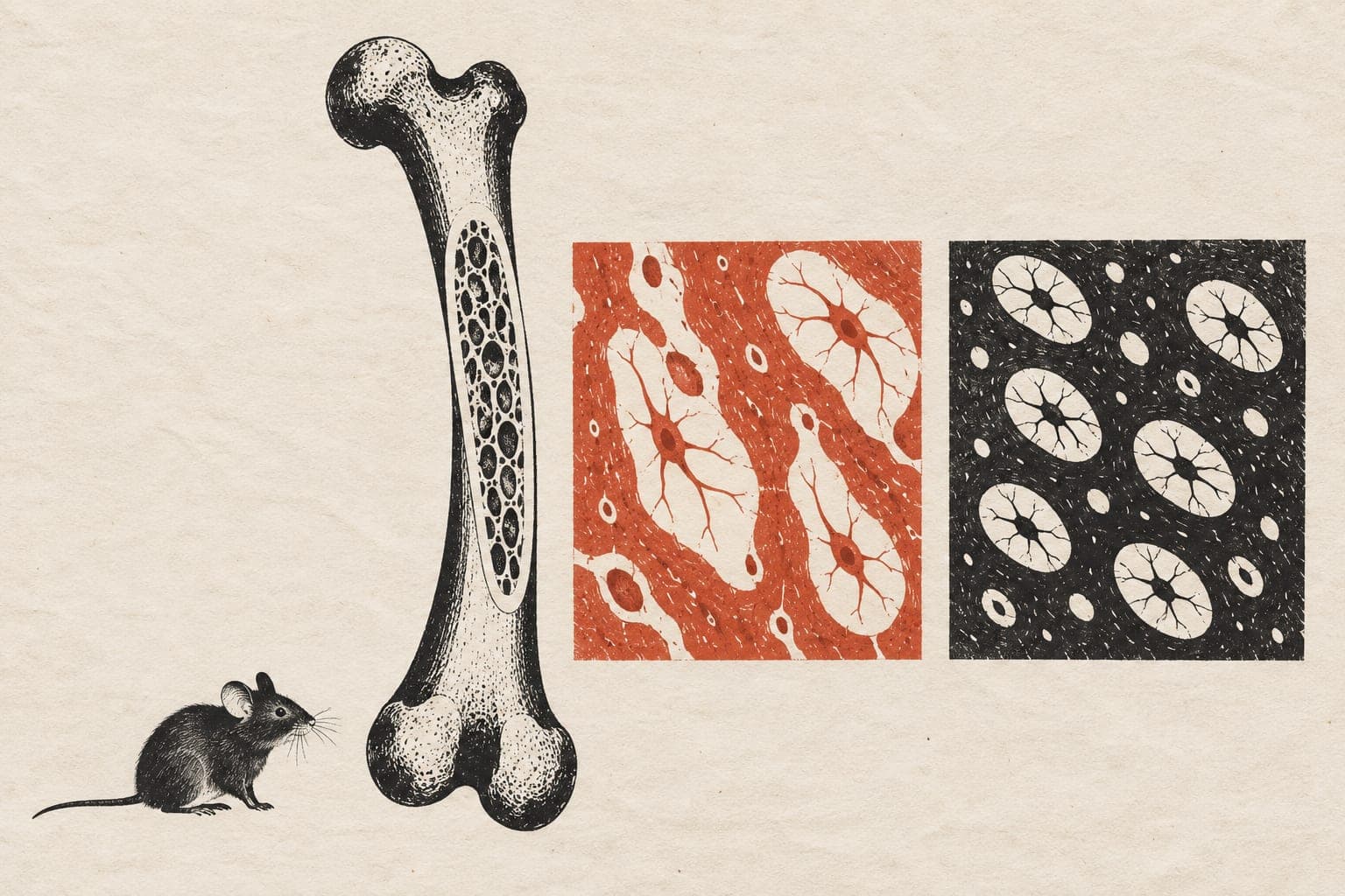 A mouse thigh bone beside a laboratory mouse and bone tissue samples showing enlarged irregular cell spaces compared with smaller oval spaces.