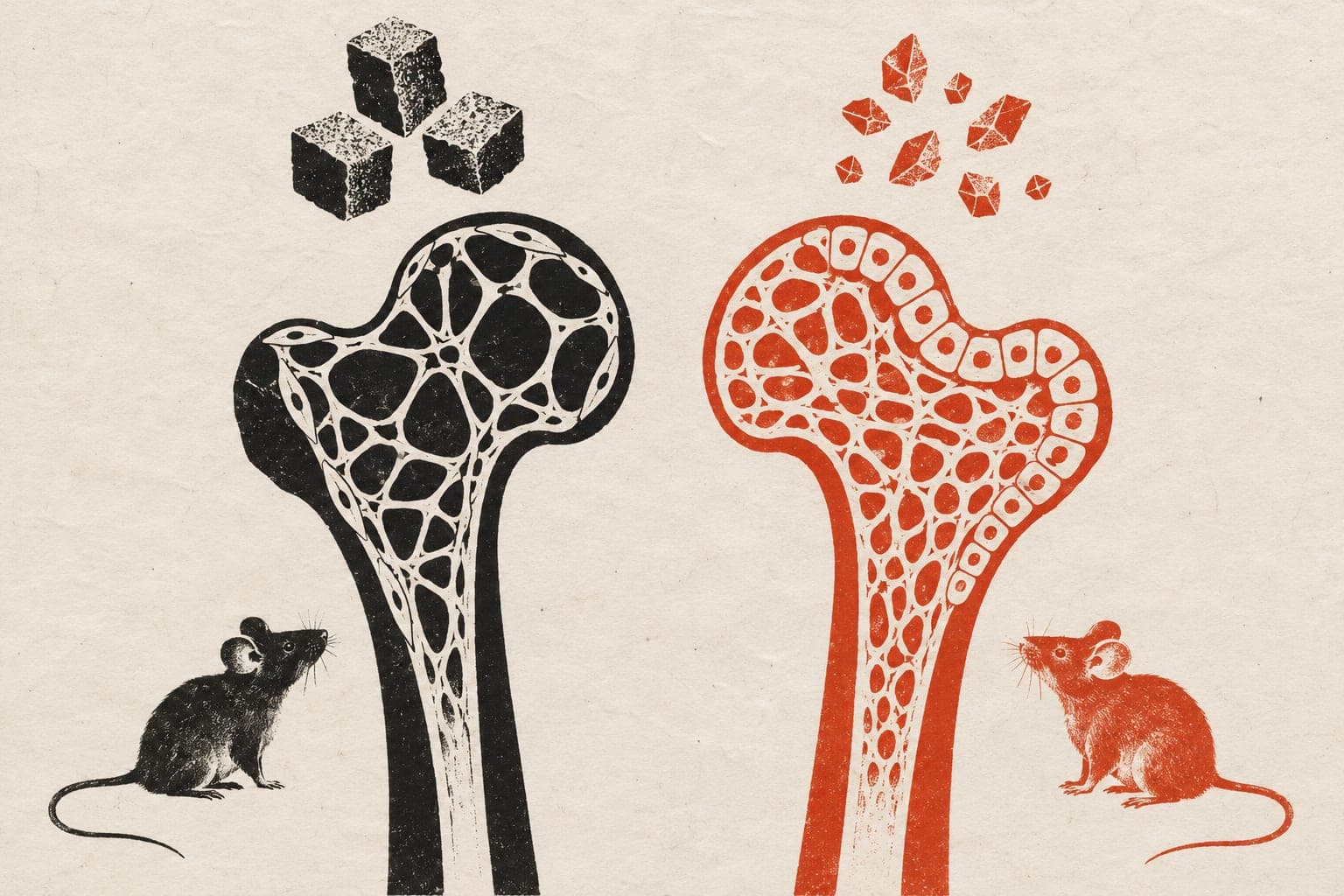 Cutaway thigh bones show sparse and dense spongy tissue beside laboratory mice, with sugar blocks and fragments above and fuller cells on the right.