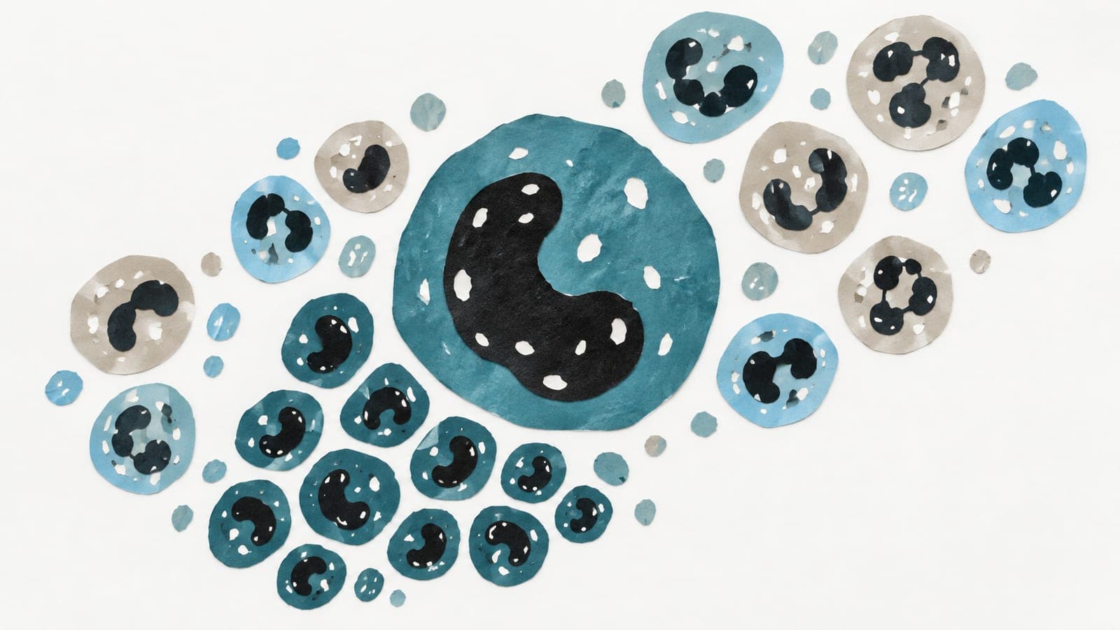 A large monocyte sits beside densely clustered dark blue-green cells with similar nuclei and scattered paler blood cells with varied nuclei.