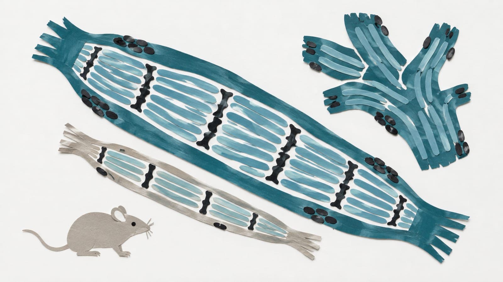 A broad muscle fiber with dense dark clusters lies beside a thinner gray fiber with sparse clusters, branching heart muscle and a small mouse.