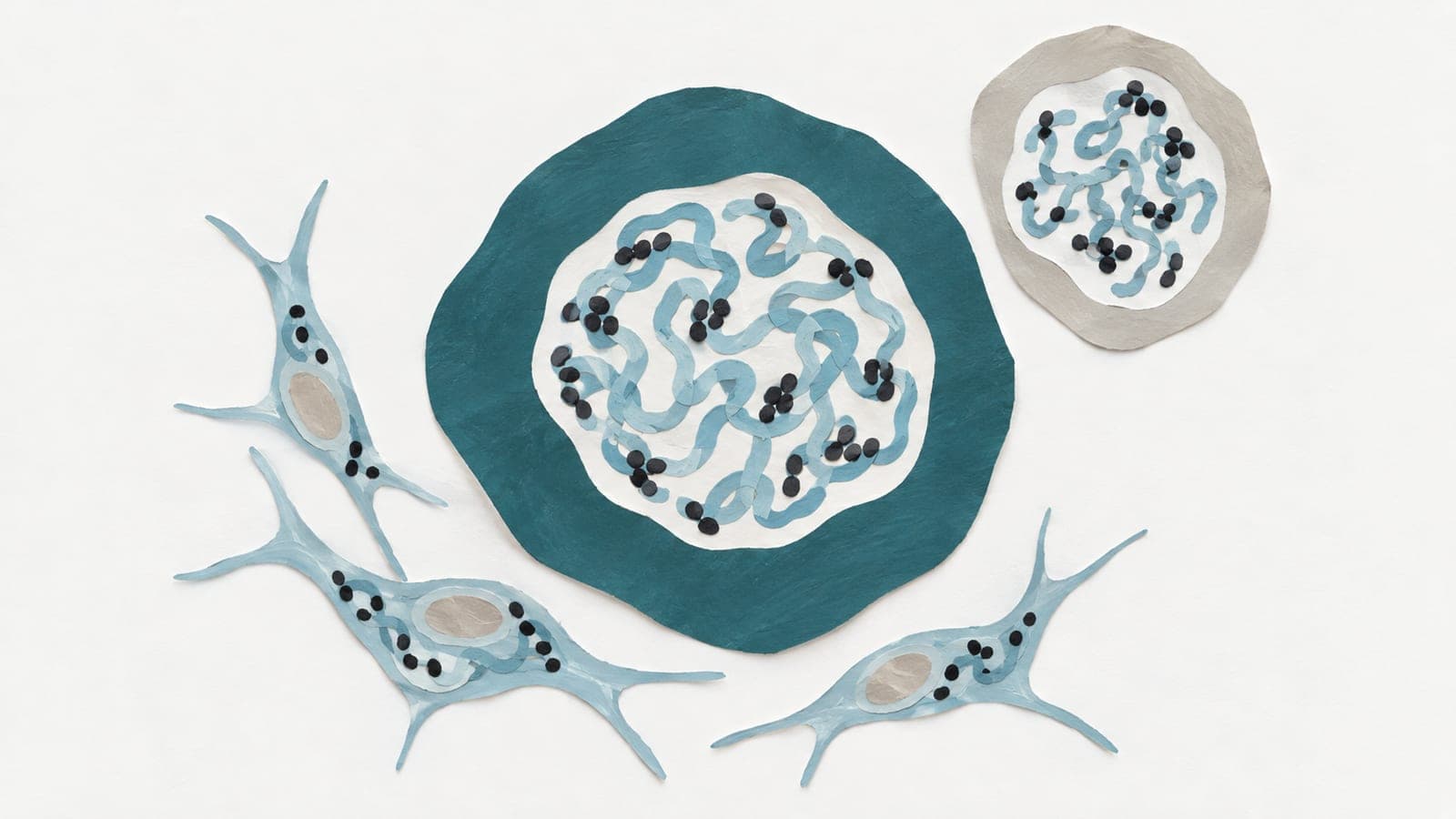 A large cell with marked chromatin fibres sits beside a smaller grey cell with differently arranged marks and elongated connective-tissue cells.