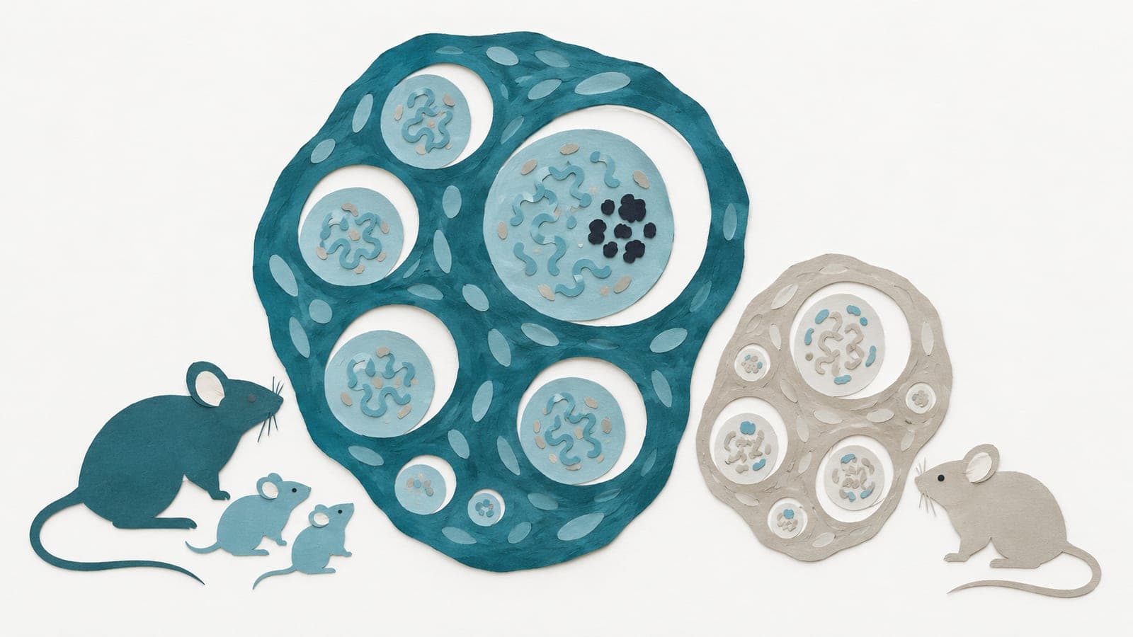 Ovarian cross-sections with mixed chromatin marks sit beside mice; the larger dark blue-green ovary has pups nearby, while the smaller grey one does not.