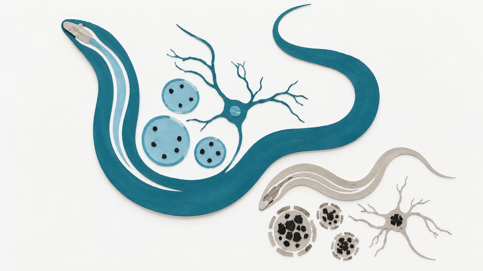 Worms beside branching neurons and lysosomes contrast intact blue-green compartments with damaged gray compartments crowded with waste.