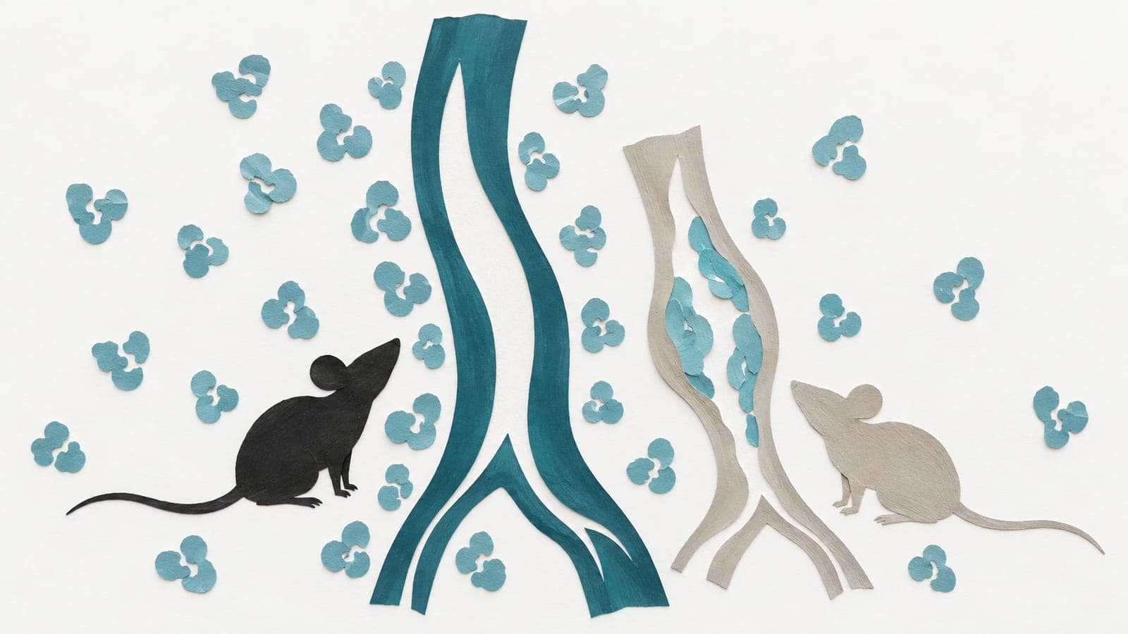 An open artery and a swollen, plaque-filled artery sit beside mice, with more soluble receptor shapes surrounding the healthy artery.