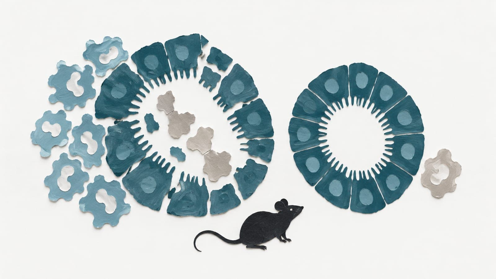 Kidney tubule cross-sections show a broken lining surrounded by many immune cells beside an intact lining with fewer immune cells, with a mouse below.