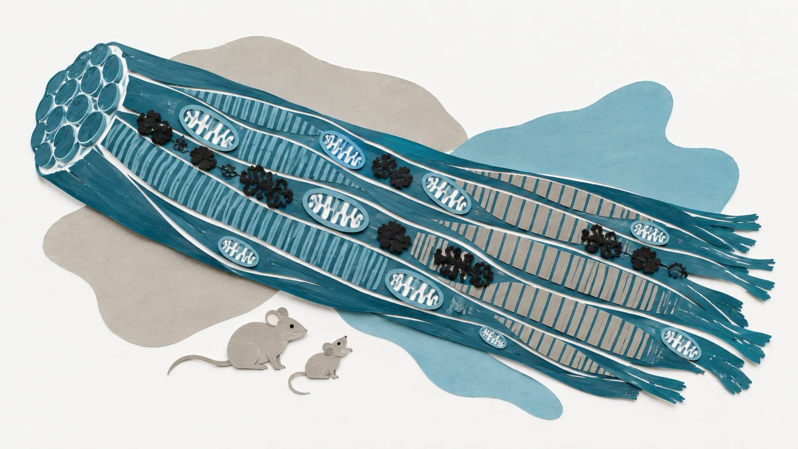 Skeletal muscle fibers show contrasting blue-green and gray bands, mitochondria with folded interiors, and dark protein clusters, with small mice beside them.