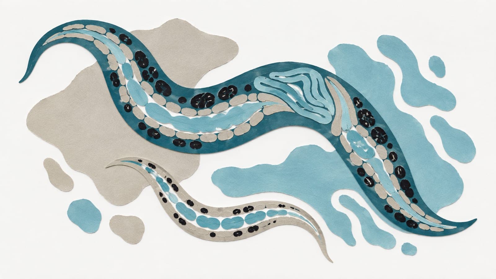 A dark blue-green worm has a continuous intestine and many protein clumps; a smaller gray worm has a fragmented intestine and fewer clumps.