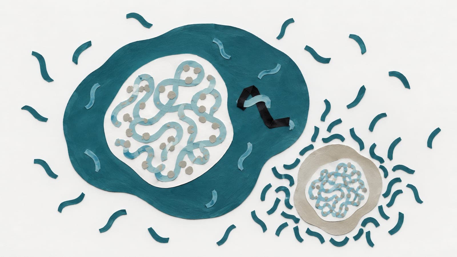 A large cell has loosely marked chromatin and a bound RNA strand beside a smaller gray cell with denser markings and more surrounding RNA strands.