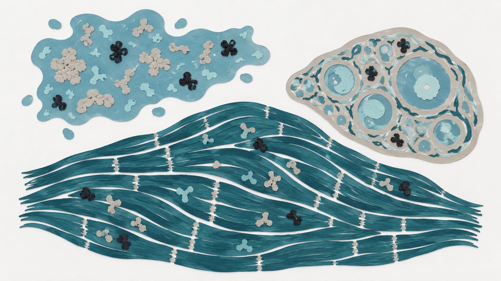 Muscle fibers lie beneath blood plasma and an ovarian cross-section, with a few matching dark protein shapes among varied lighter proteins.
