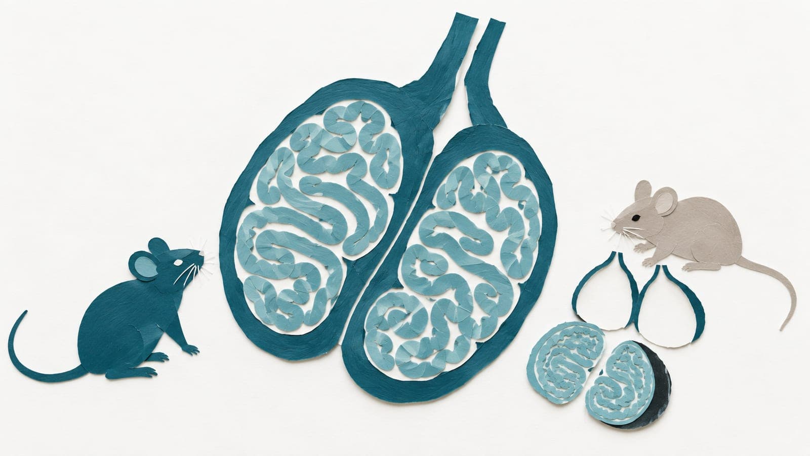 Testes with coiled inner tubules sit between a dark blue-green mouse and a gray mouse beside empty testis outlines and removed tissue.