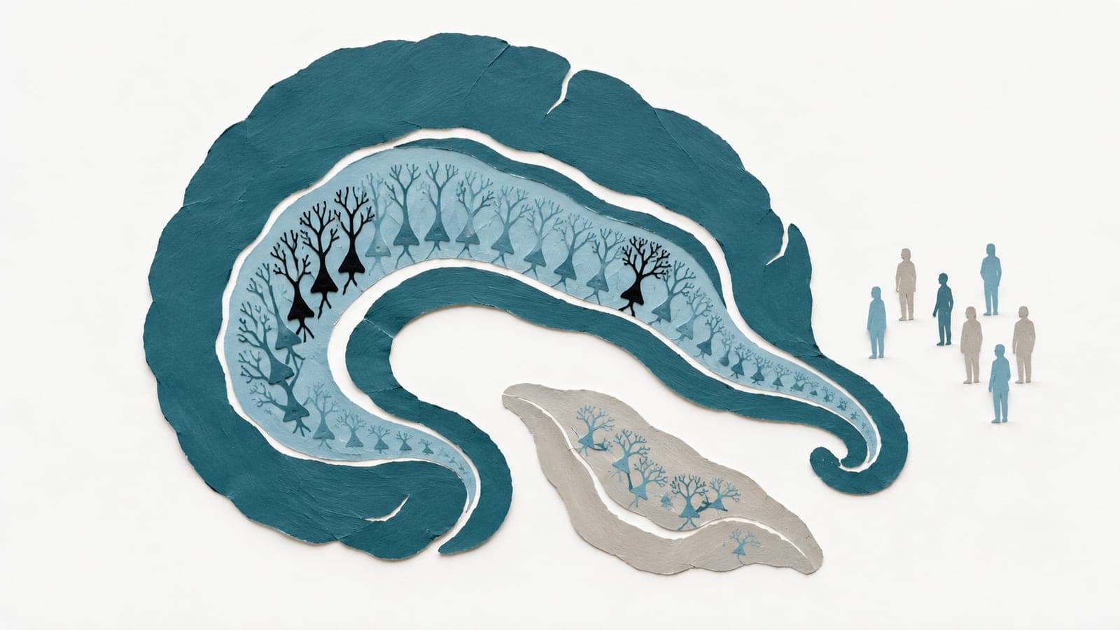 A hippocampal cutaway holds repeating branching neurons with dark clusters, beside a gray tissue fragment with sparse cells and small upright people.