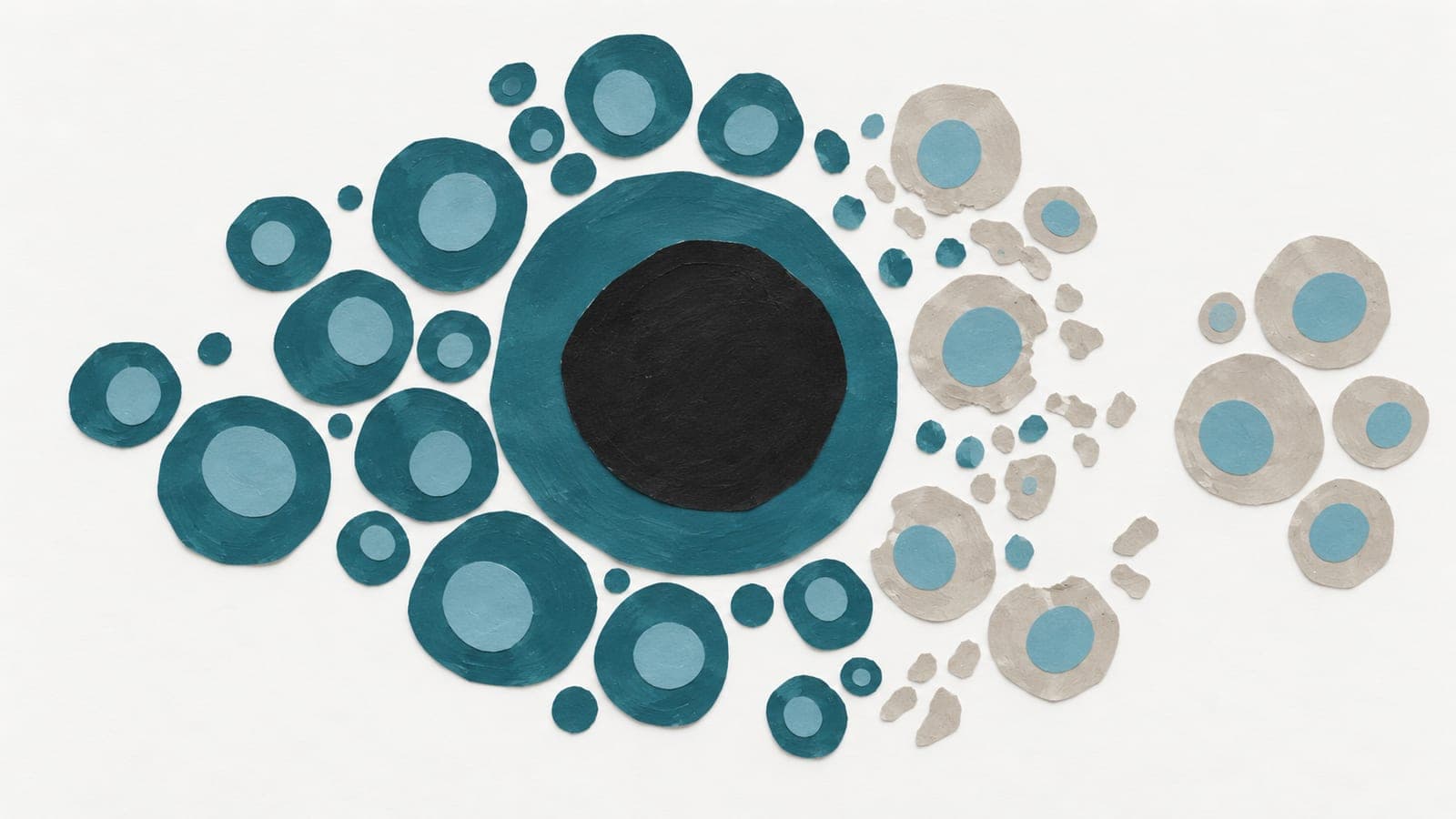 A large dark blue-green cell anchors a dense cluster of intact cells beside sparse, fragmented gray neighbors and a farther group of whole gray cells.