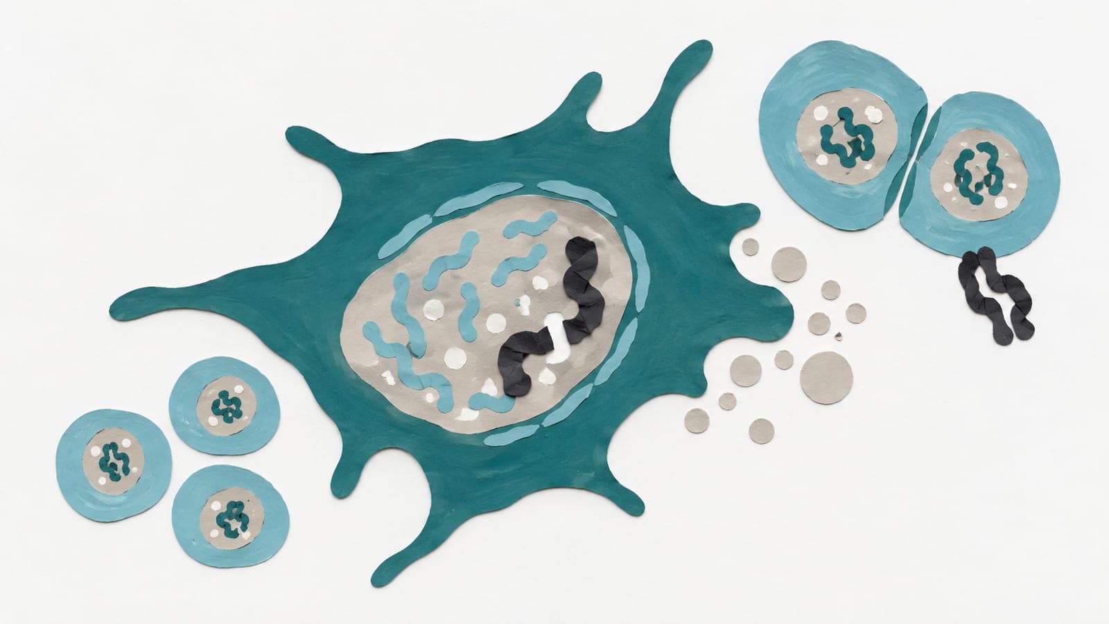 An enlarged cell with scattered nuclear material and secreted droplets sits beside small cells with compact nuclei and a dividing pair.