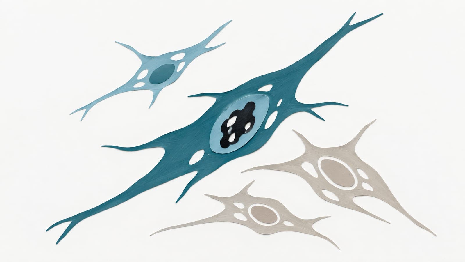 A large, slender dark blue-green fibroblast with a prominent nucleus sits beside a smaller slender cell and broader gray cells.