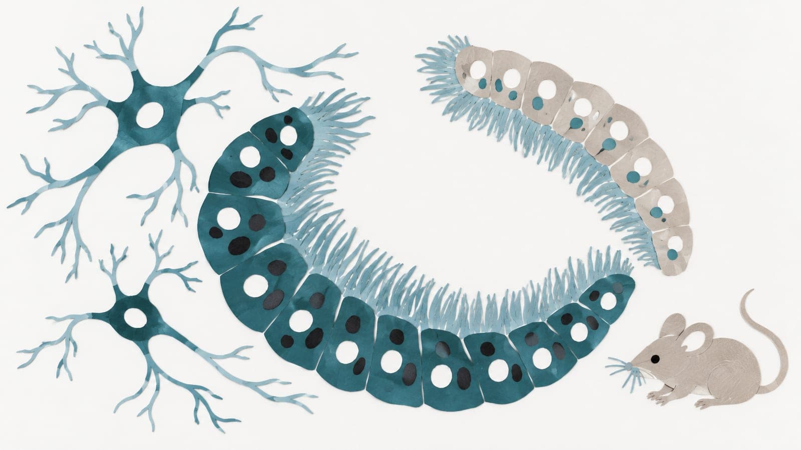 Ciliated brain-lining cells contain dense dark pieces in blue-green tissue and sparse pieces in gray tissue, beside branching neurons and a laboratory mouse.