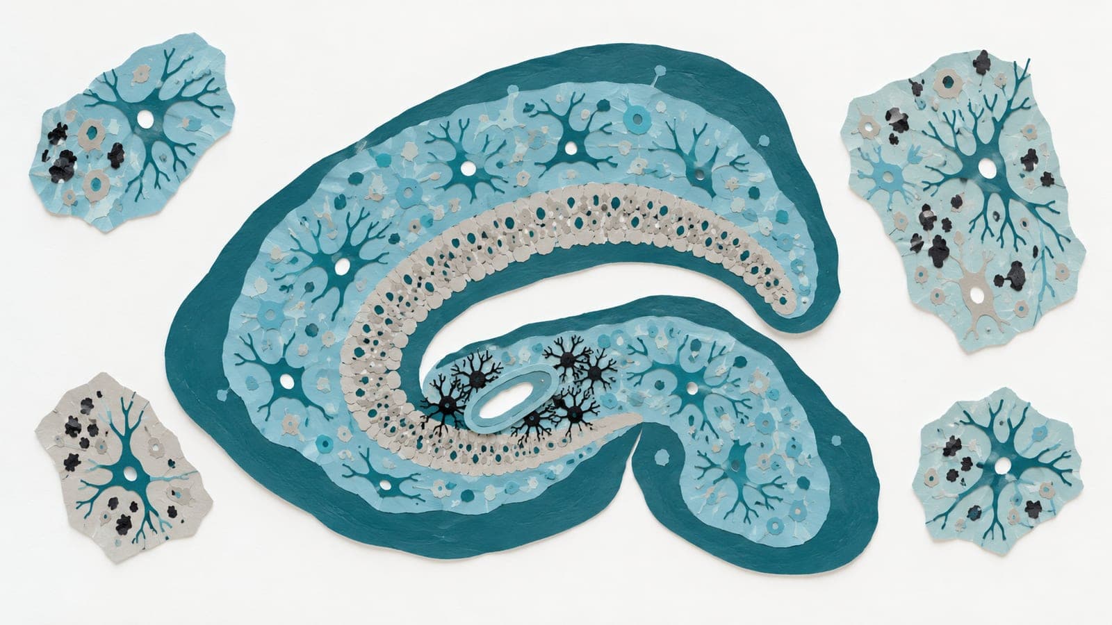A hippocampal cross-section shows dense and sparse cell layers, dark immune cells beside a blood vessel, and surrounding tissue with varied dark patches.