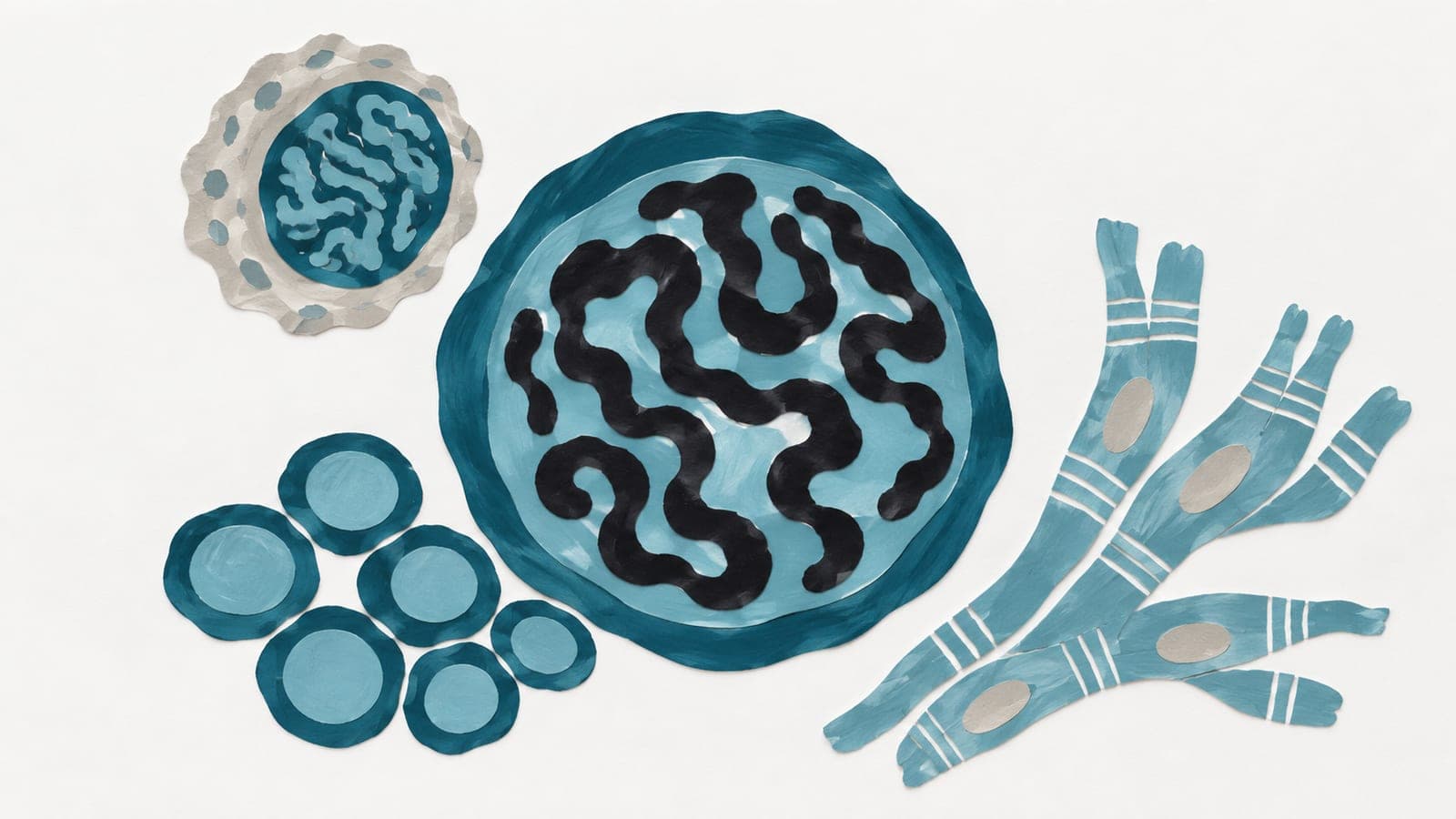 A stem cell with loosely packed chromatin sits beside a blood cell with denser chromatin, a stem-cell cluster, and branching, striped heart muscle cells.