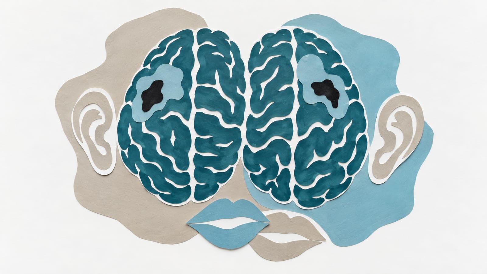 Two brains viewed from above show similarly intact folds and dark patches, with ears beside them and overlapping lips below.