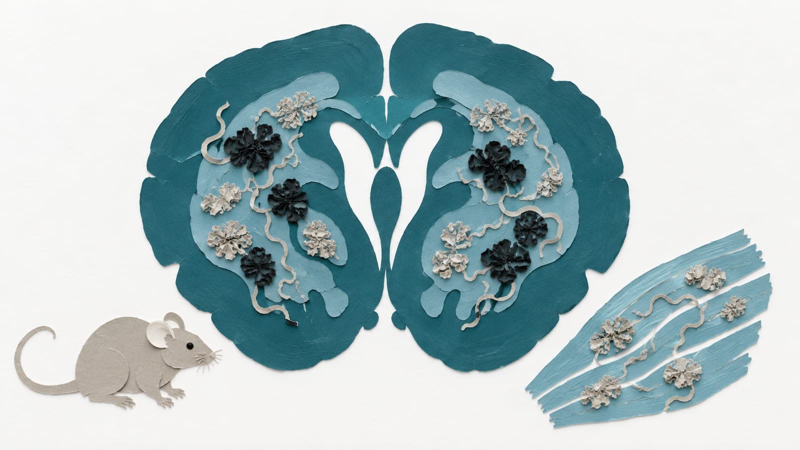 A mouse brain cross-section and nearby muscle fibers contain different patterns of folded proteins and curling strands, with a small mouse beside them.