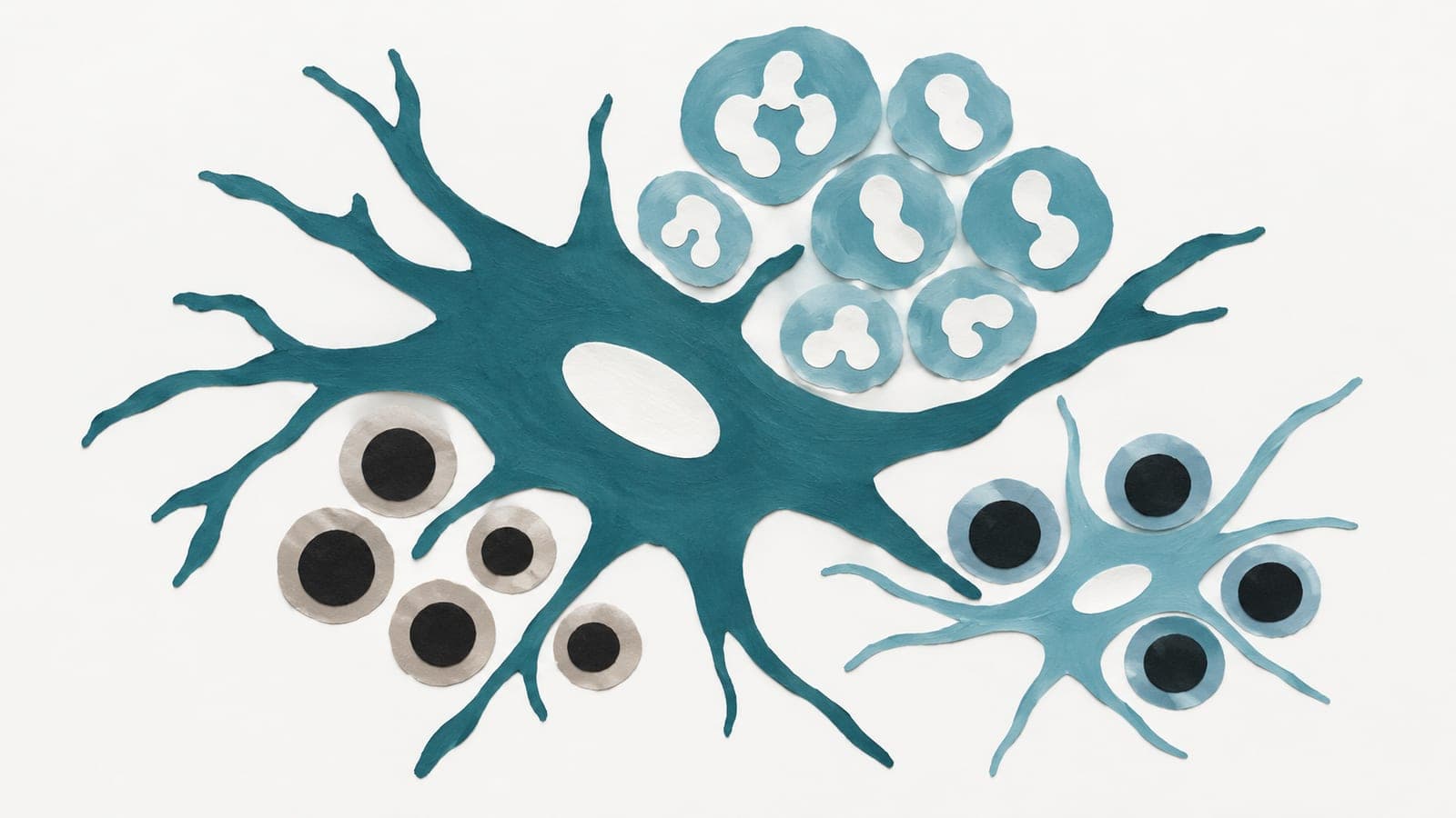 Marrow support cells surround gray stressed stem cells and smooth blue stem cells, with a dense cluster of lobed-nucleus myeloid cells nearby.