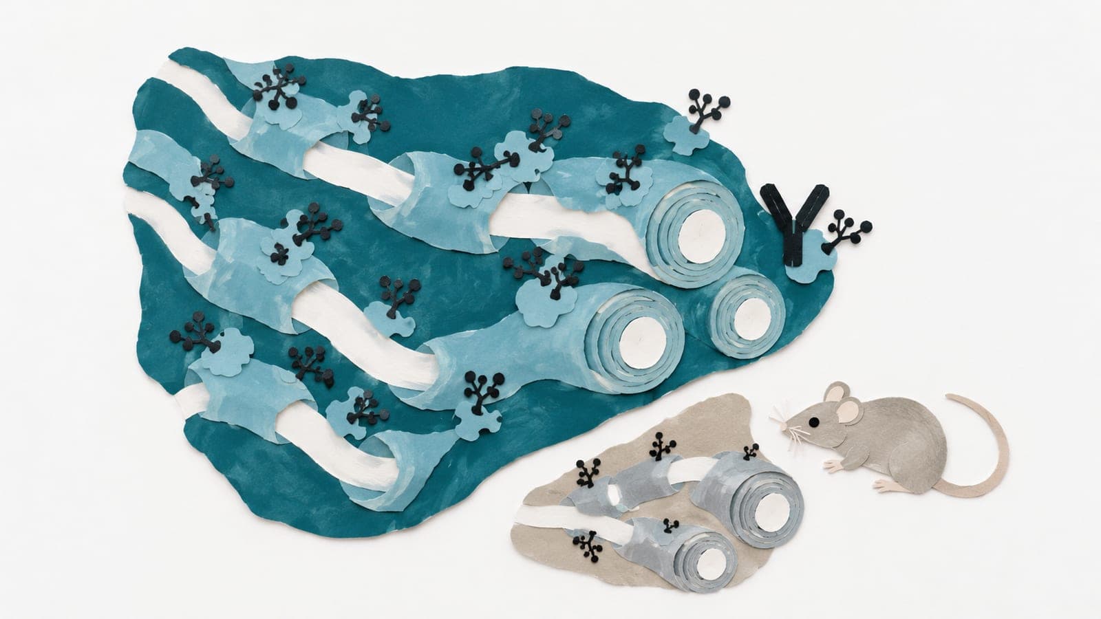 Myelinated nerve fibers bear abundant sugar branches in dark blue-green tissue and sparse branches in gray tissue, beside a mouse and an antibody.