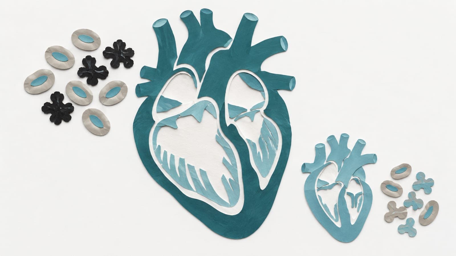 Heart cutaways with enlarged and compact chambers sit beside blood cells and contrasting clusters of dark and pale proteins.