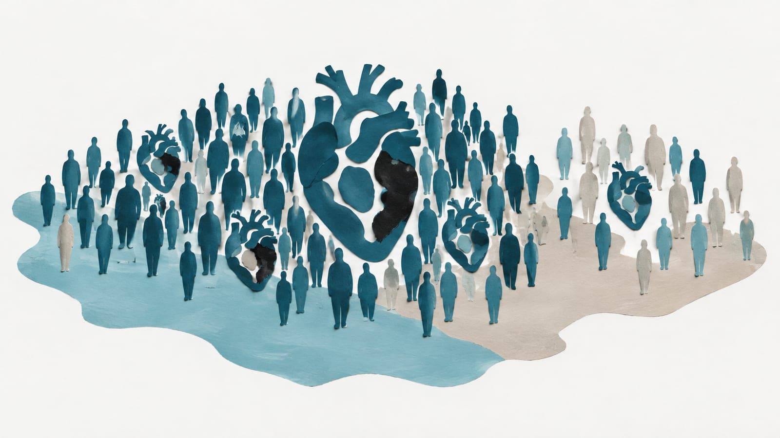 A large heart with a dark damaged patch sits among upright people, with more damaged hearts in a dense crowd and less damaged hearts in a sparse group.