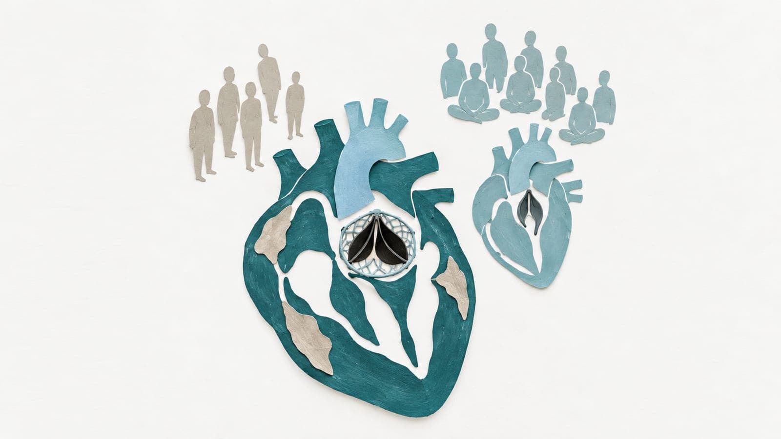 A scarred heart with a replacement valve sits beneath a sparse group of people, beside an intact heart with a larger group above it.
