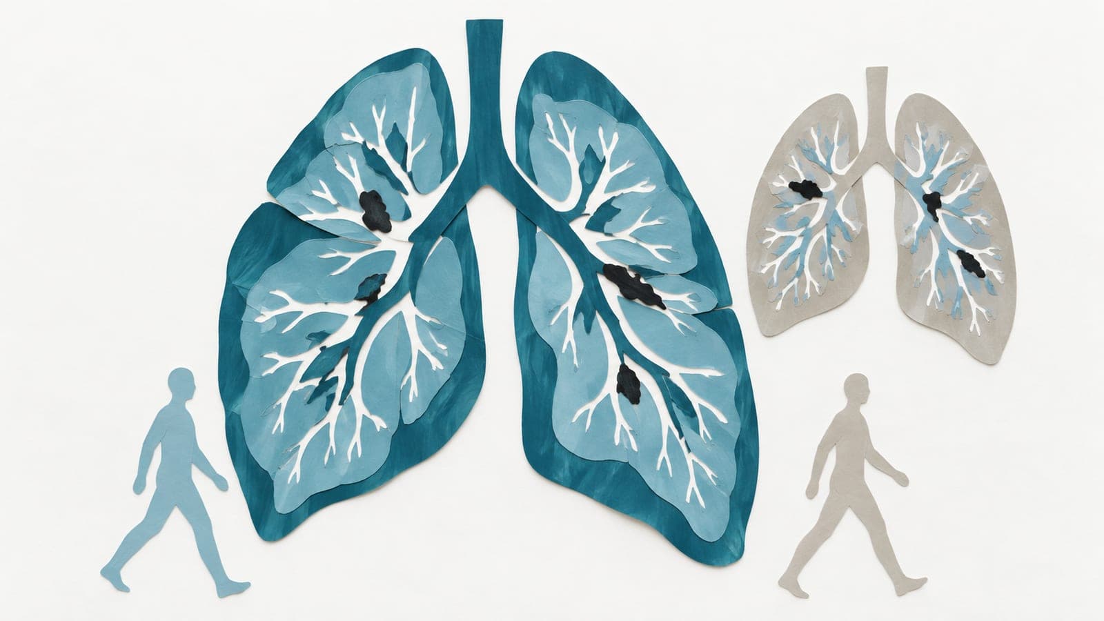 Dark blue-green and gray lung cutaways show similarly narrowed vessels and dark clots, beside upright figures walking with equal strides.