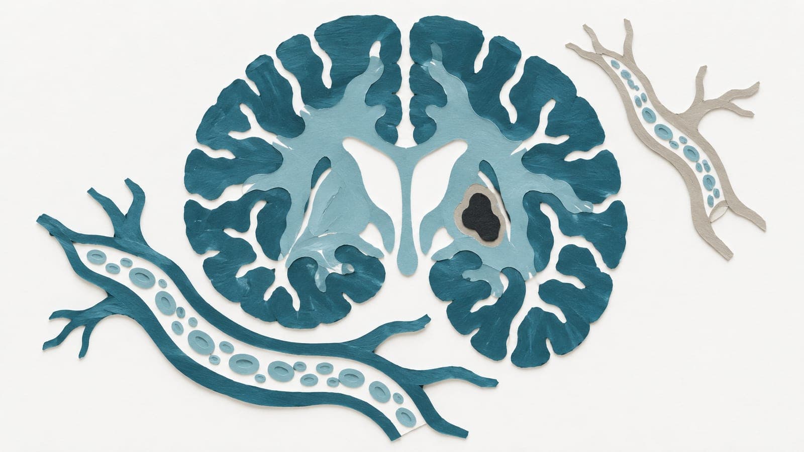 Brain cross-section with a dark bleed site, flanked by a wider dark blue-green artery and a narrower gray artery, both containing blood cells.