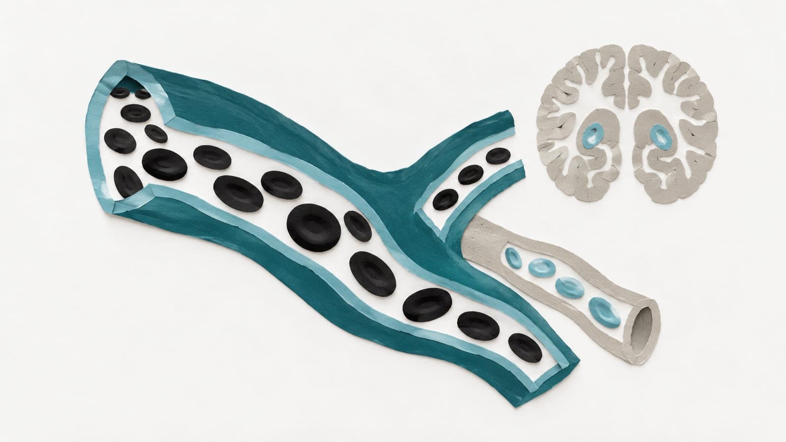 A wide dark blue-green artery and a narrower gray artery reveal blood cells inside, with a small brain cross-section nearby.