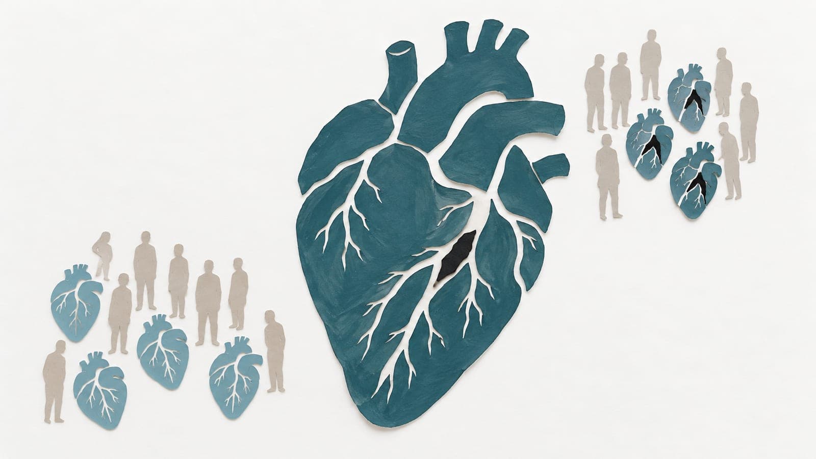 A large heart sits between groups of upright people, with pale healthy hearts beside one group and darker hearts with black vessel patches beside the other.