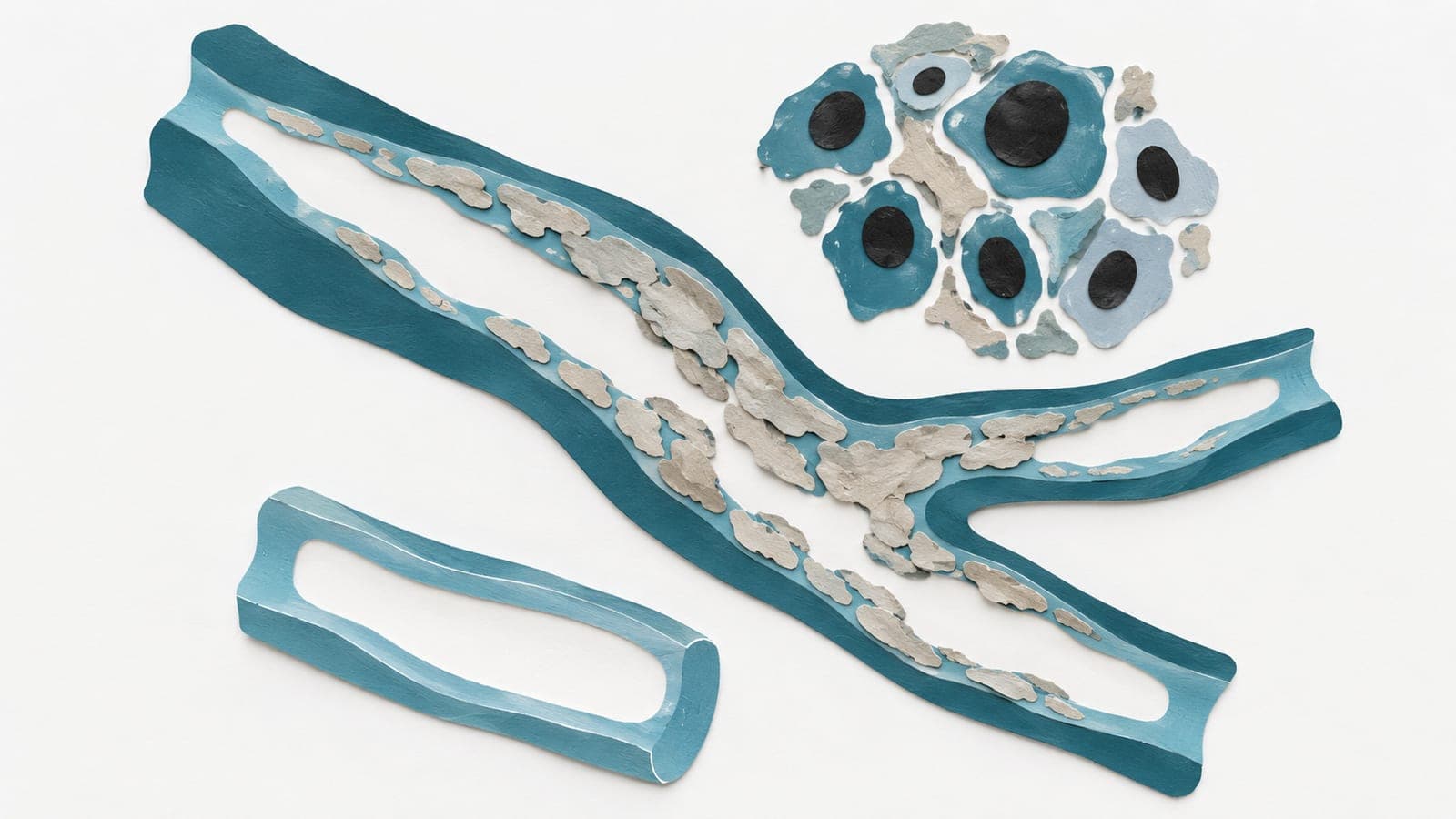 A branching coronary artery with heavy calcium deposits lies beside a clear artery segment and a cluster of irregular cells with enlarged dark nuclei.