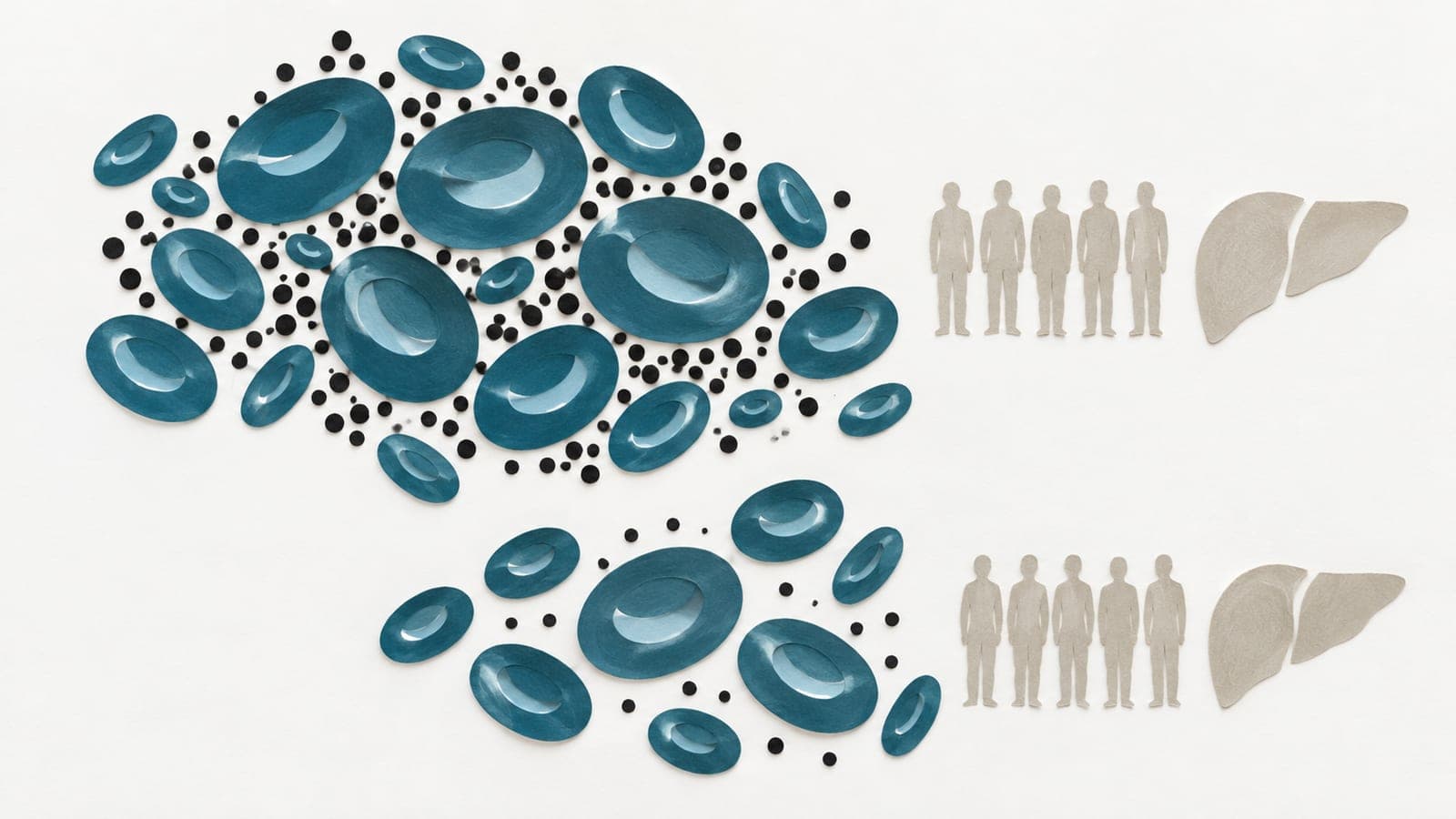Blood cells with dense versus sparse cholesterol particles sit beside equal groups of upright figures and matching liver shapes.