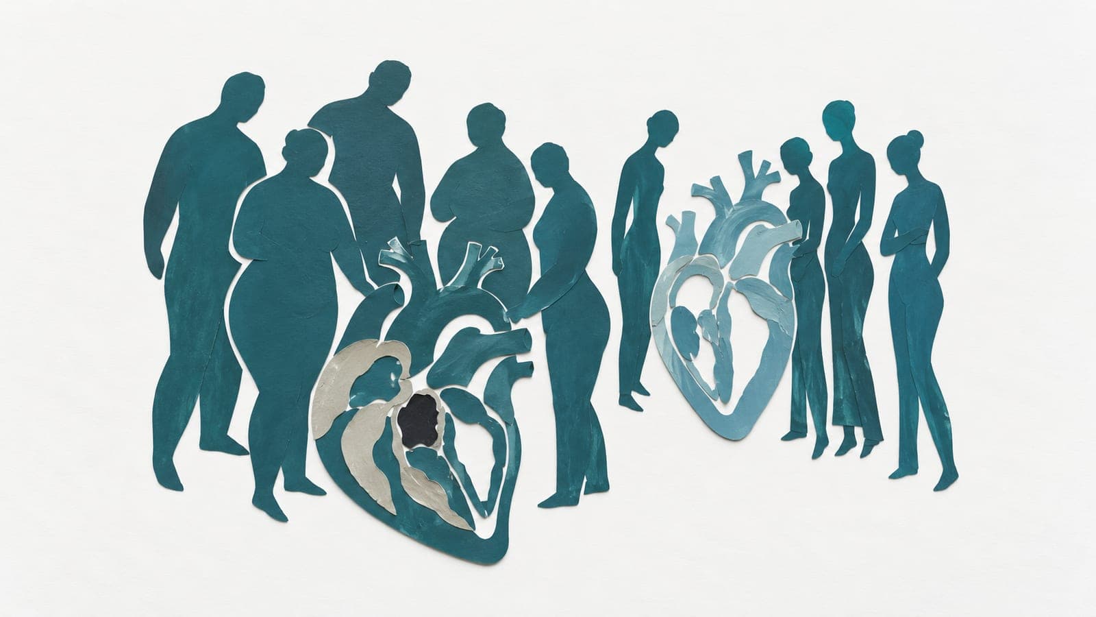 Groups of broader and narrower faceless adults stand beside heart cross-sections, one with gray patches and a dark spot, the other intact.