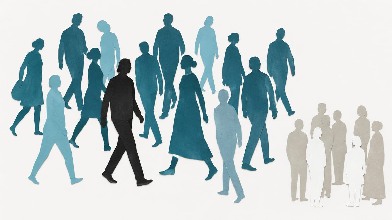 Walking figures in blue-green form a large group beside a smaller group of still gray figures interrupted by white human-shaped gaps.