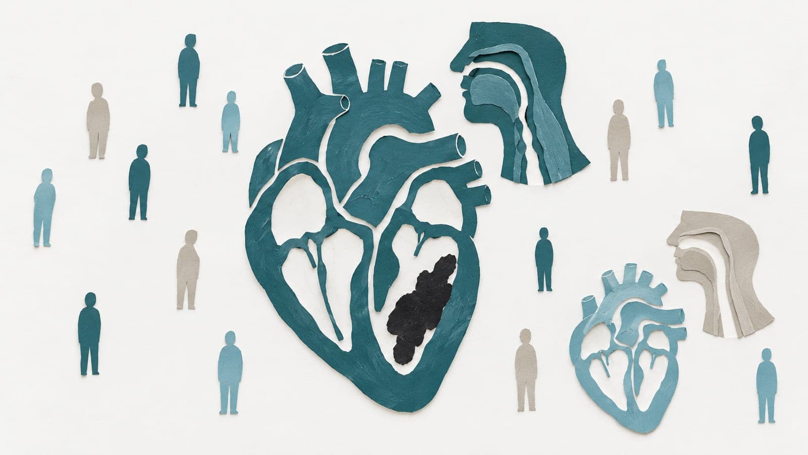 A large damaged heart beside a narrowed airway contrasts with a smaller intact heart and open airway, surrounded by small upright figures.