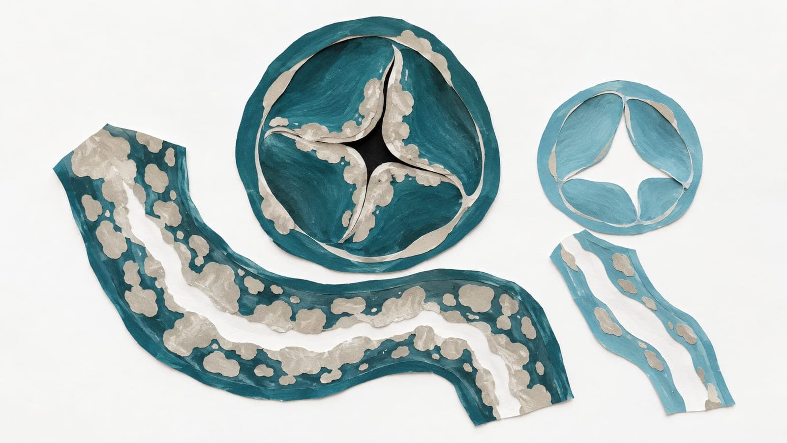 A narrowed aortic valve beside a heavily calcified abdominal artery contrasts with an open valve beside an artery with sparse calcium deposits.