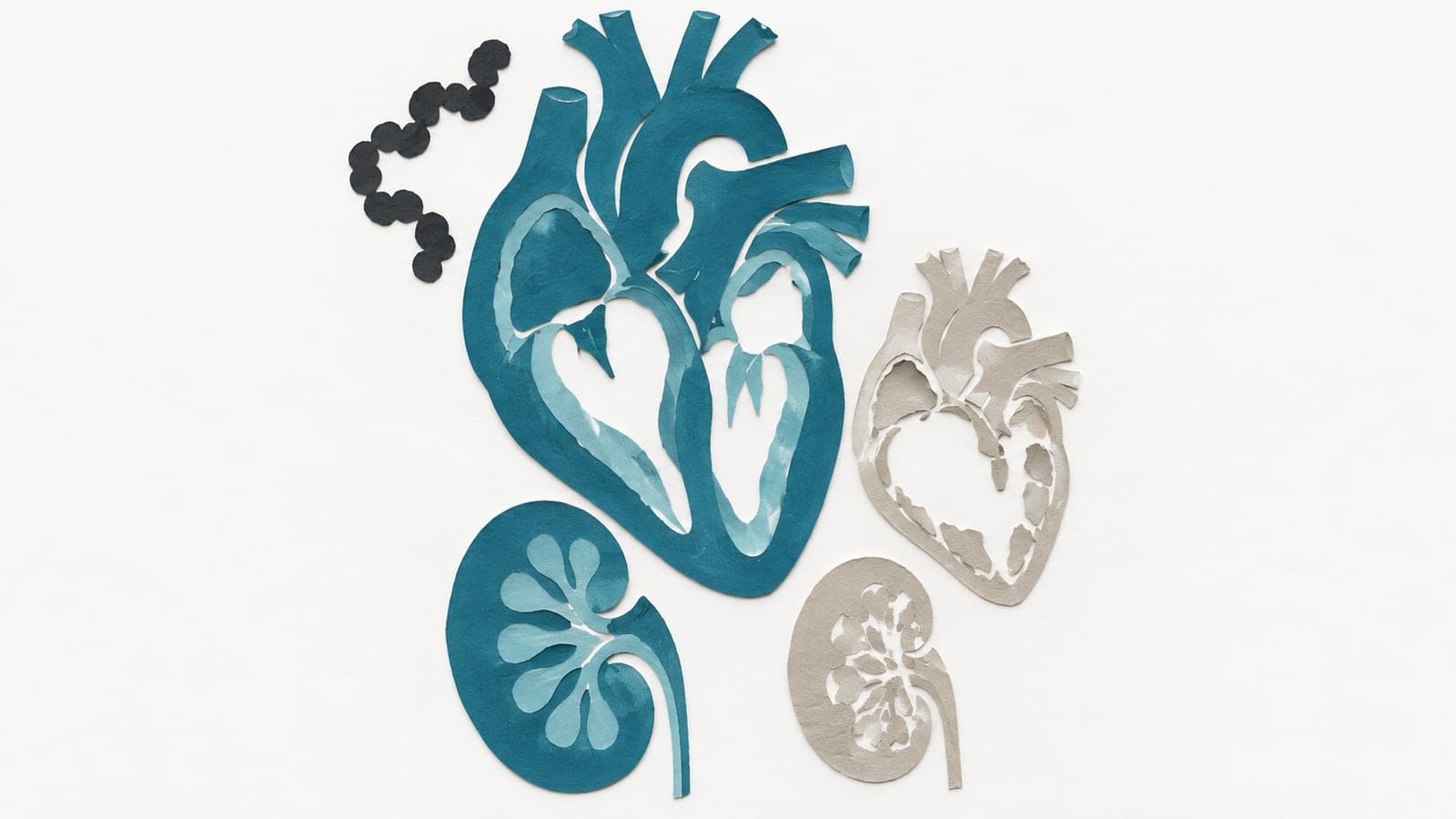 A dark blue-green heart and kidney with intact tissue sit beside damaged gray counterparts, with a small peptide chain above.