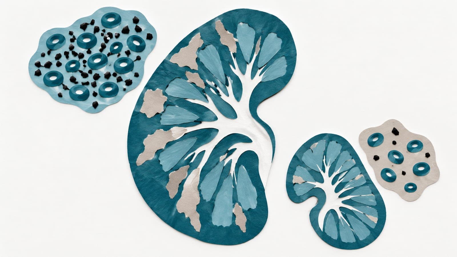 Kidney cross-sections show heavy versus light scarring beside blood samples with dense versus sparse sweetener molecules.
