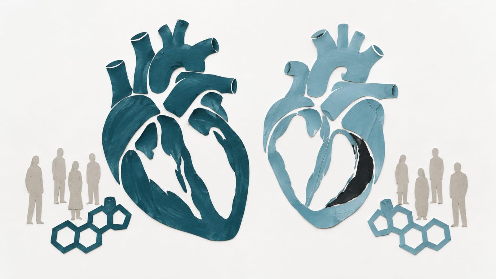 Heart cross-sections with thick versus thin, dark-marked walls face each other, flanked by small upright people and linked molecular rings.