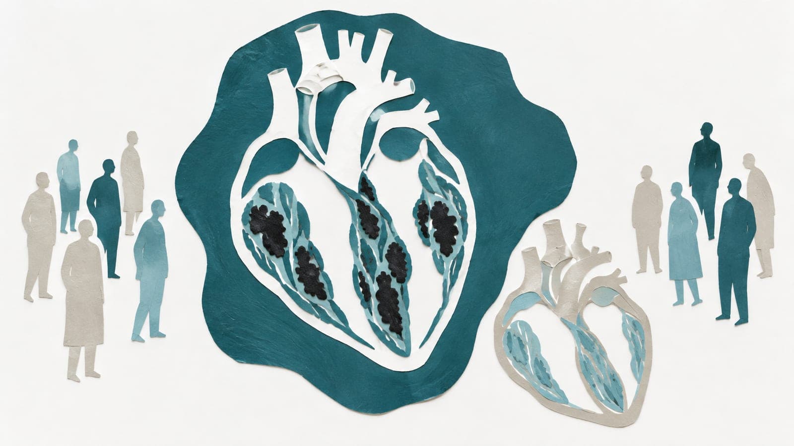 A heart cross-section with dark deposits and thickened walls sits beside a smaller heart with clear chambers, surrounded by upright faceless people.